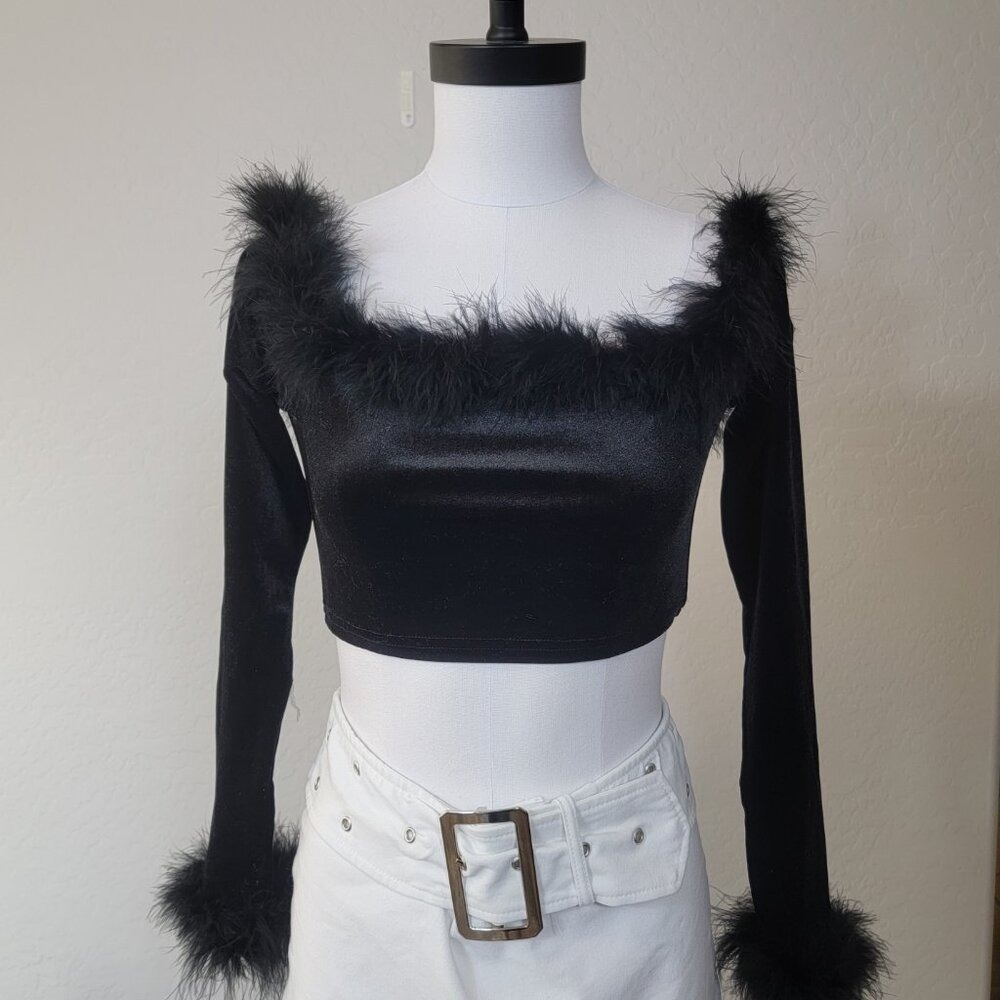 Edikted Velvet Feather Trim Crop Top Womens Medium Black Long Sleeve GoingOut